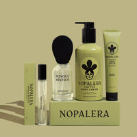 Nopalera skincare products including a bottle, cream, and other items on a beige background