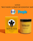 Nopalera Cactus Body Polish in Tangerine scent jar on orange background