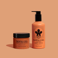 Nopalera cactus body polish and cream Flor de Madera on an orange background