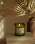 lit Nopalera scented Tepoztlan candle in green glass jar on stacked books with dried palm leaf