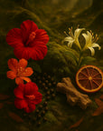 Nopalera arrangement of red flowers, a white lily, and a dried orange slice on a textured surface. Bosque Místico