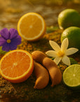 Nopalera Fruits and flowers on a reflective surface with a blurred natural background - Flor de Madera Nopalera