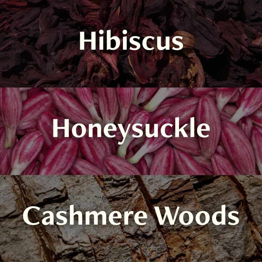 Hibiscus, honeysuckle, and cashmere woods fragrance notes shown in three horizontal sections, featuring dried hibiscus petals, pink honeysuckle flowers, and textured tree bark.