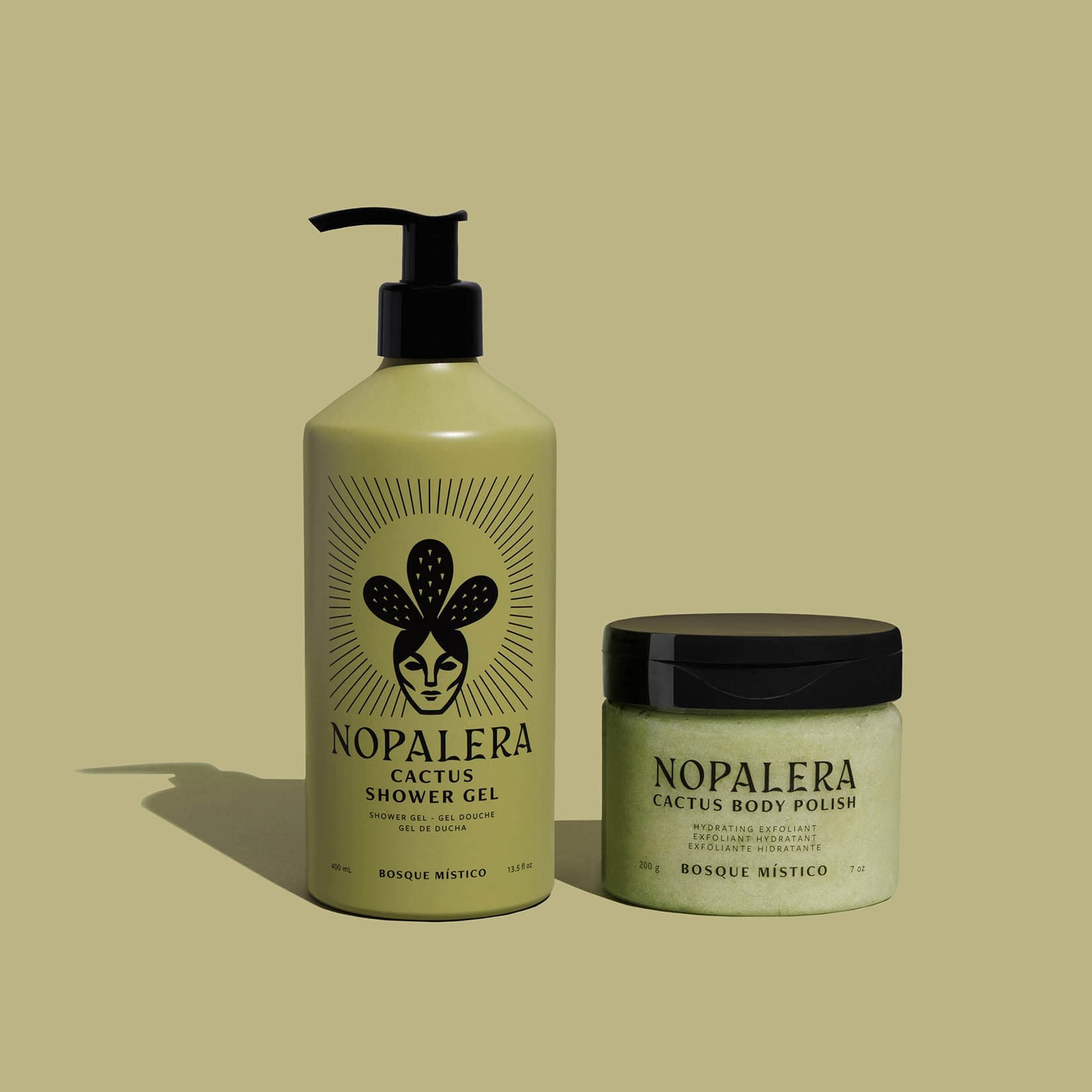 Nopalera Cactus Shower Gel and Body Polish Bosque Místico on a green background