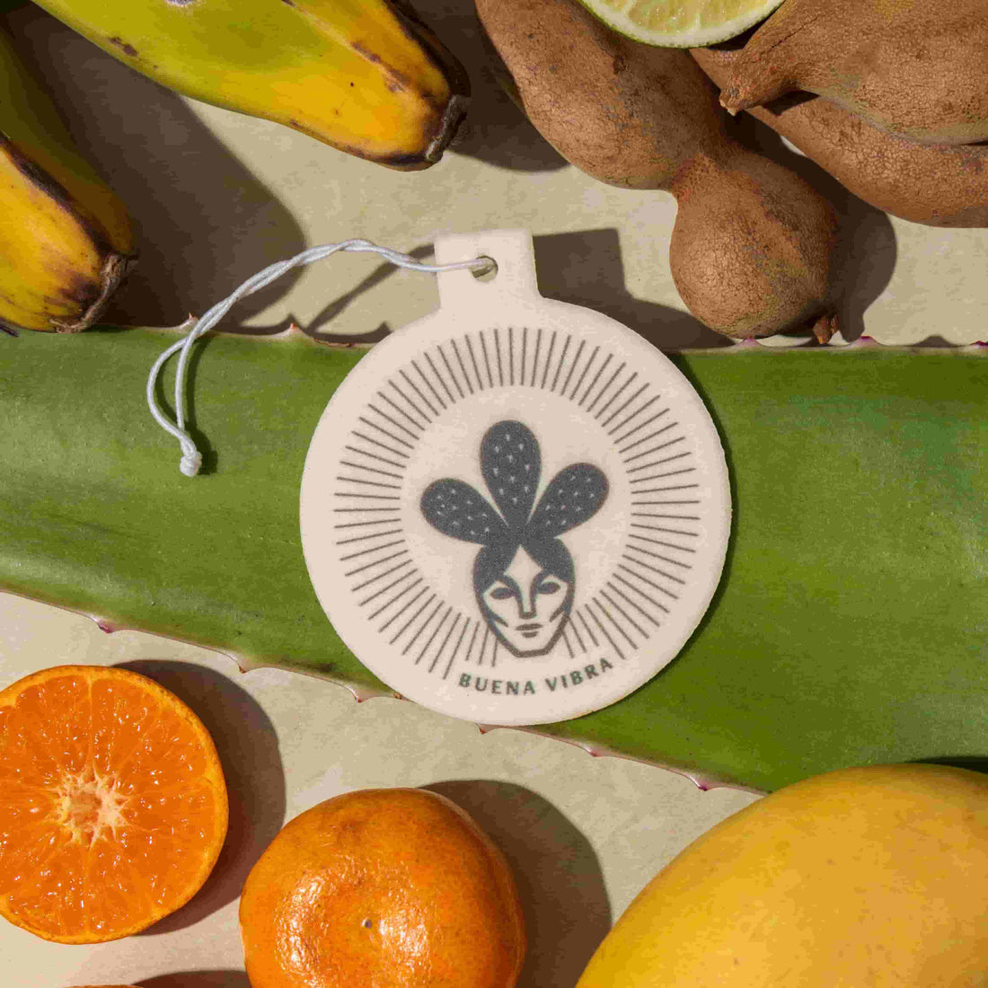 Buena Vibra car freshener with tropical fruits and aloe leaf