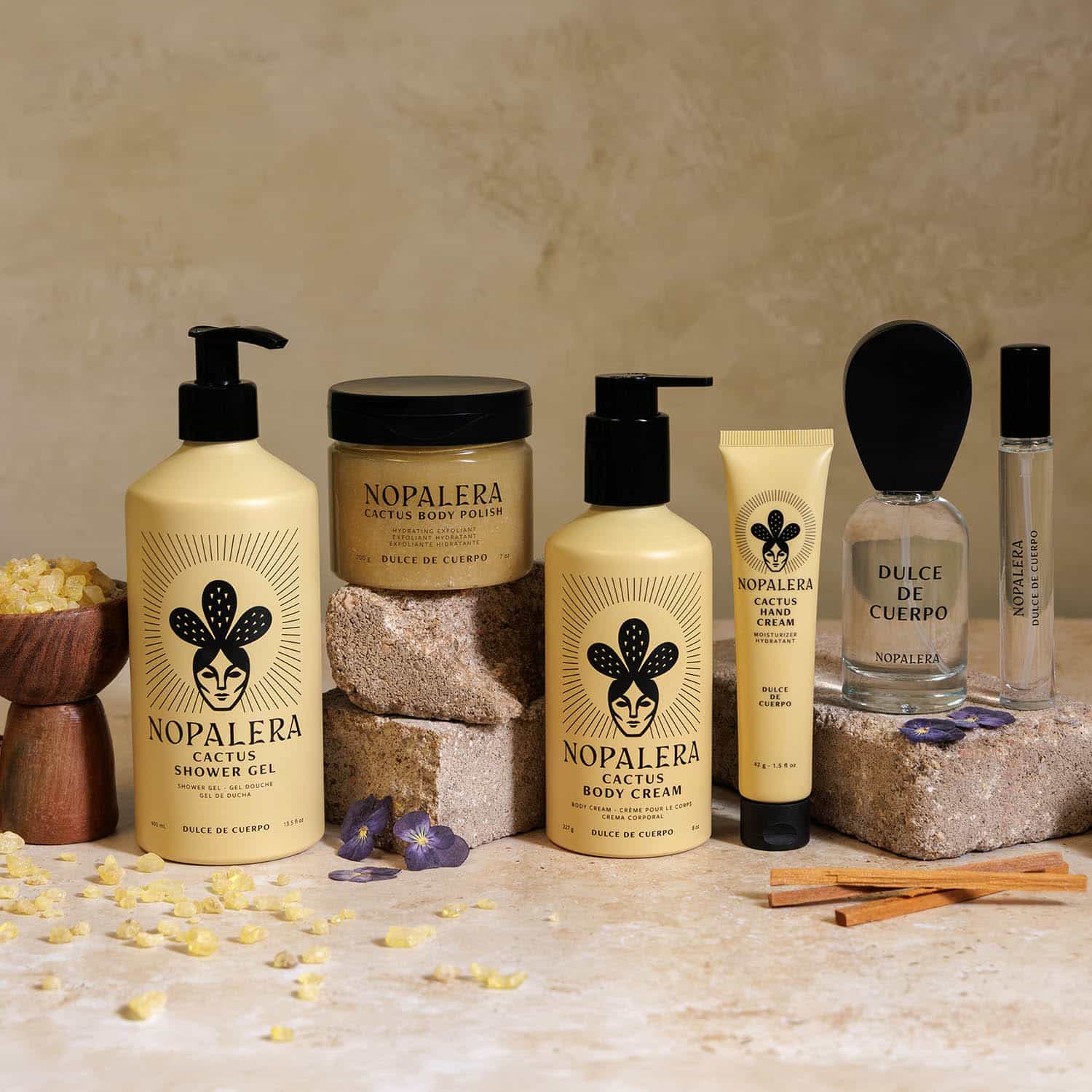 Nopalera body care and fragrance collection featuring shower gel, body polish, body cream, and perfumes.