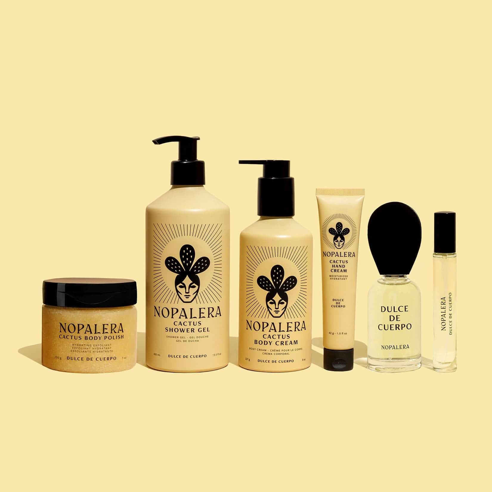 Nopalera Dulce de Cuerpo collection featuring body polish, shower gel, body cream, hand cream, perfume, and travel spray on a beige background.