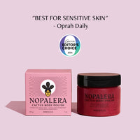 Nopalera Cactus Body Polish jar and packaging on a pink background with Oprah Daily Editor's Choice badge.