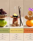 Three different scented products with descriptive labels and ingredients on a beige background.