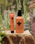 Nopalera cactus body cream Flor de Madera bottles on a rock with cacti and succulents in the background