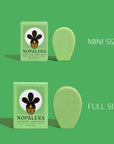 Comparison of Nopalera cactus soap in mini and full-size versions against a green background.