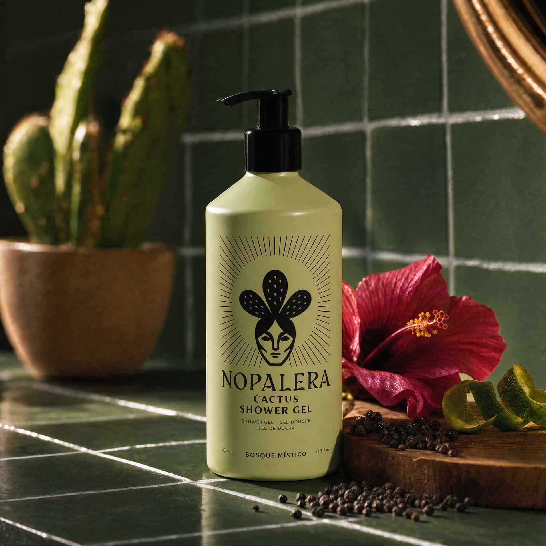 A bottle of Nopalera Cactus Shower Gel stands on a dark tiled surface with a cactus in a pot, a red hibiscus flower, and citrus slices around it. The bottle is pale green with a black pump and black printed logo and text.