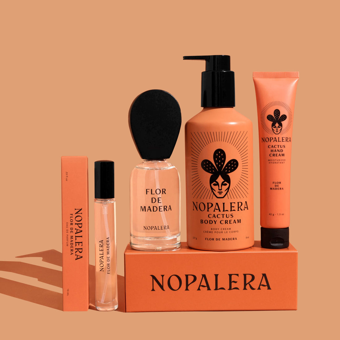 Nopalera skincare and beauty products on a beige background