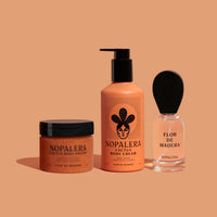Nopalera Flor de Madera skincare products on a beige background