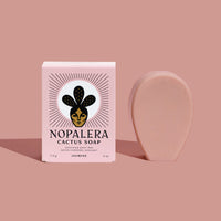 Nopalera cactus soap bar with packaging on a pink background