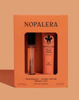 Nopalera Luxury Mexican Flor de Madera fragrance and hand cream travel set in an orange box on a beige background