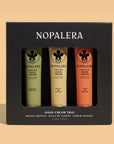 Nopalera hand cream trio packaging on a beige background